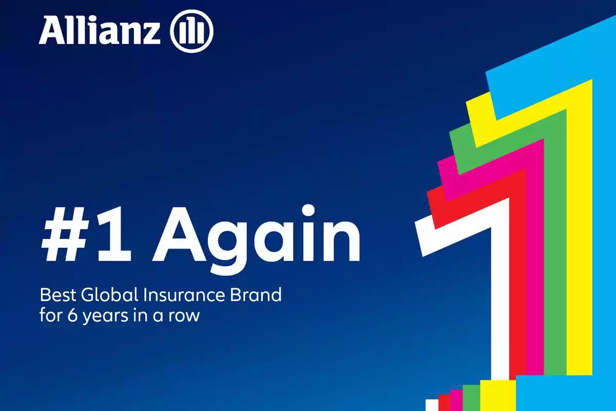 La imagen muestra el logotipo de Allianz en la esquina superior izquierda sobre un fondo azul oscuro, con el texto "#1 Again" en letras grandes y blancas en el centro, y "Best Global Insurance Brand for 6 years in a row" en letras más pequeñas debajo, acompañado de un diseño colorido del número uno en la esquina inferior derecha.