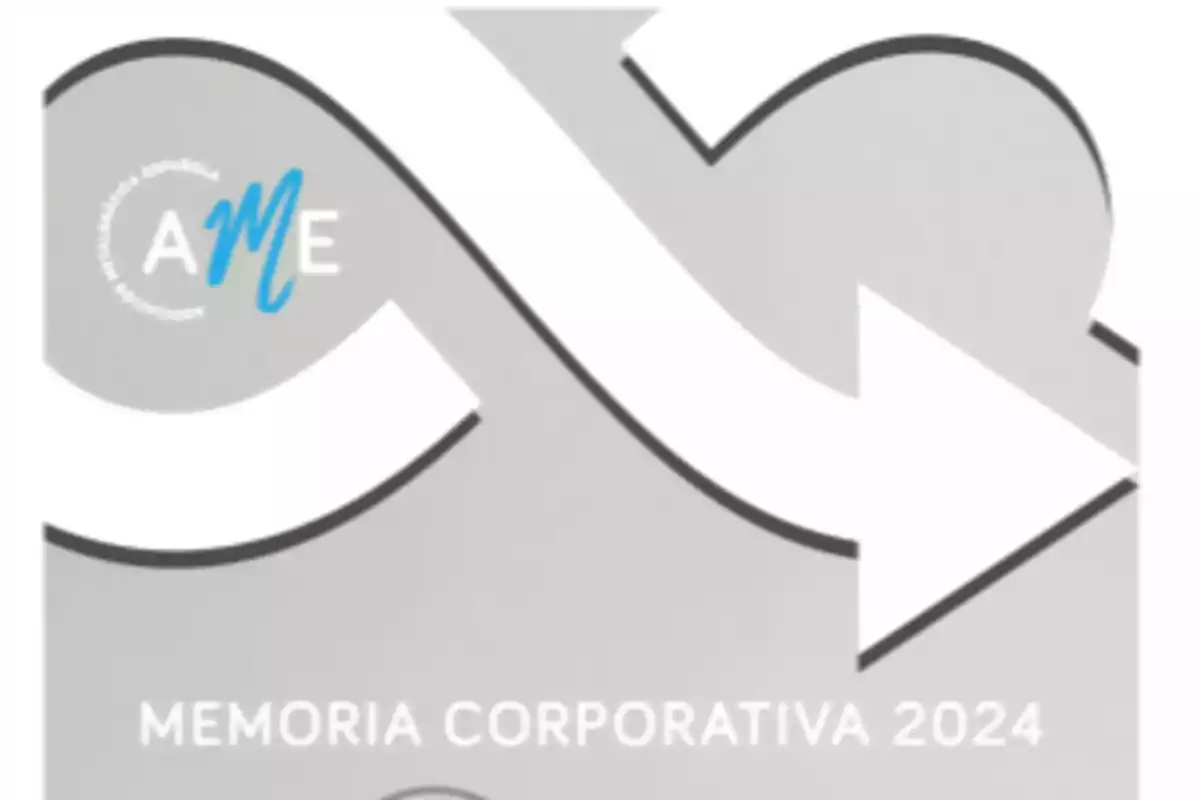Portada gris de un informe titulado Memoria Corporativa 2024 con un diseño de flechas curvas y el logotipo de AME