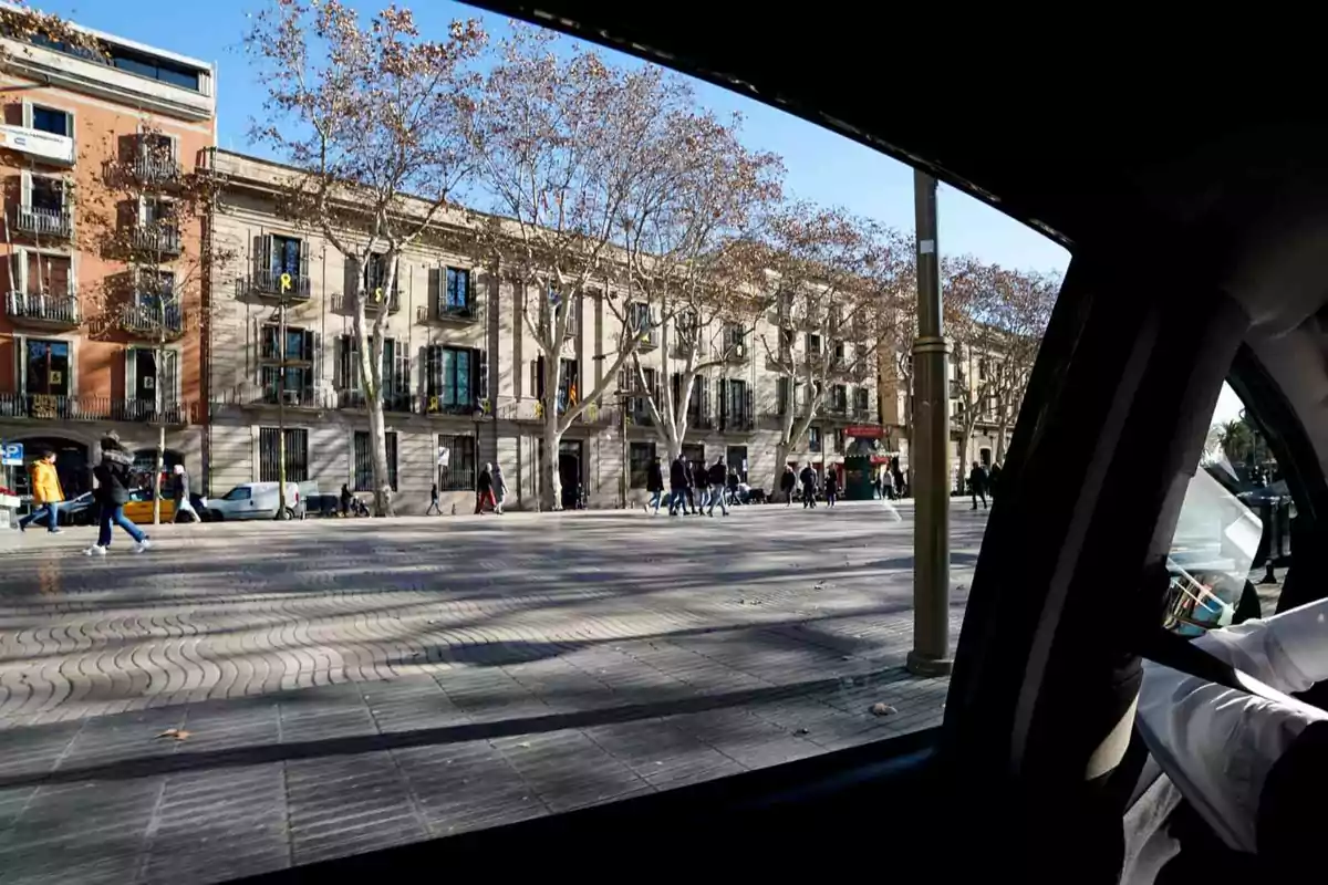 Vista de una calle con edificios y árboles tomada desde el interior de un automóvil en un día soleado