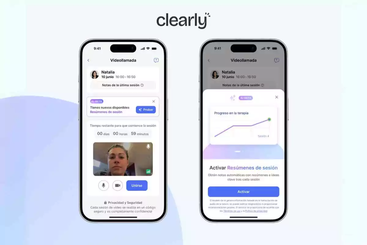 Dos teléfonos móviles muestran la interfaz de una aplicación de videollamadas para terapia en línea con funciones como progreso en la terapia, notas de sesión y un botón para unirse a la llamada, bajo el logo de Clearly.