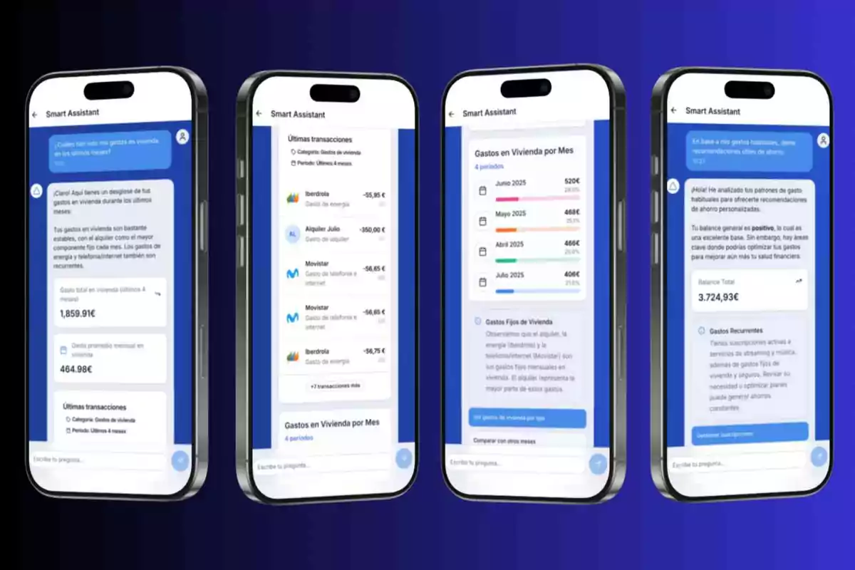Cuatro teléfonos móviles muestran una aplicación de asistente inteligente que analiza y desglosa gastos mensuales de vivienda, transacciones recientes y ofrece recomendaciones de ahorro personalizadas en una interfaz azul y blanca.
