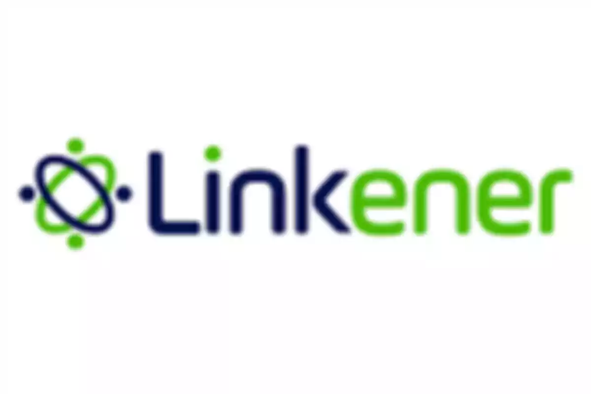 Logo borroso de la empresa Linkener con letras en azul y verde sobre fondo blanco
