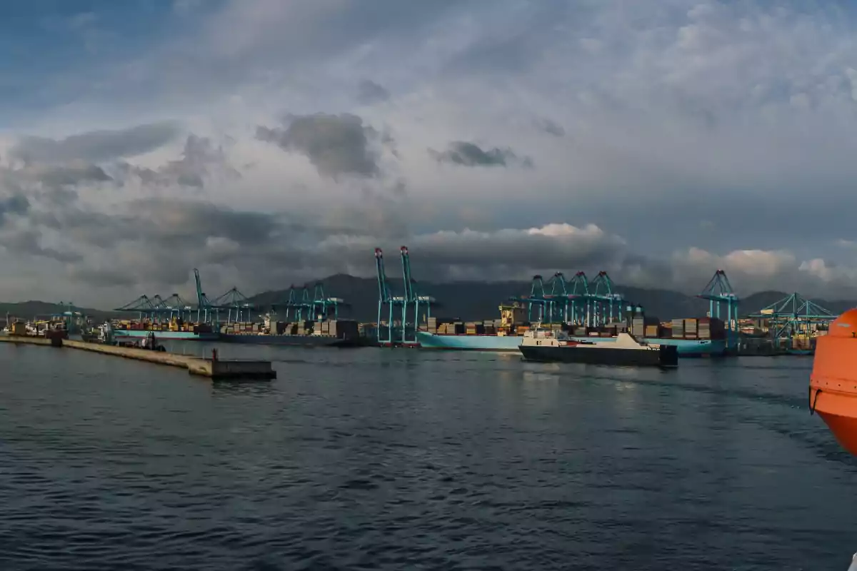 Vista panorámica de un puerto industrial con grúas azules, barcos de carga y contenedores bajo un cielo nublado