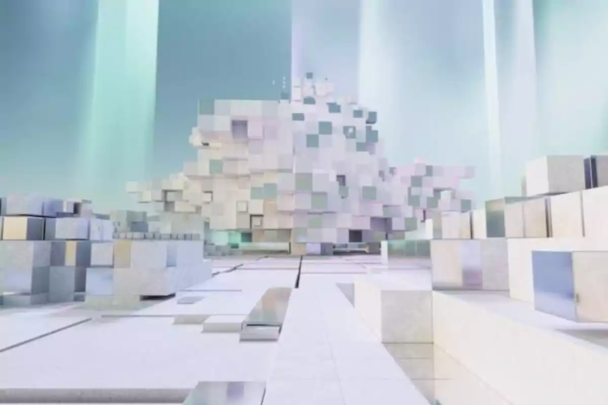 Estructura abstracta formada por cubos de colores claros en un entorno futurista y minimalista