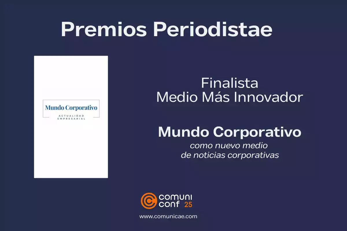 Imagen de un reconocimiento a Mundo Corporativo como finalista en la categoría Medio Más Innovador en los Premios Periodistae, organizado por Comunicae.