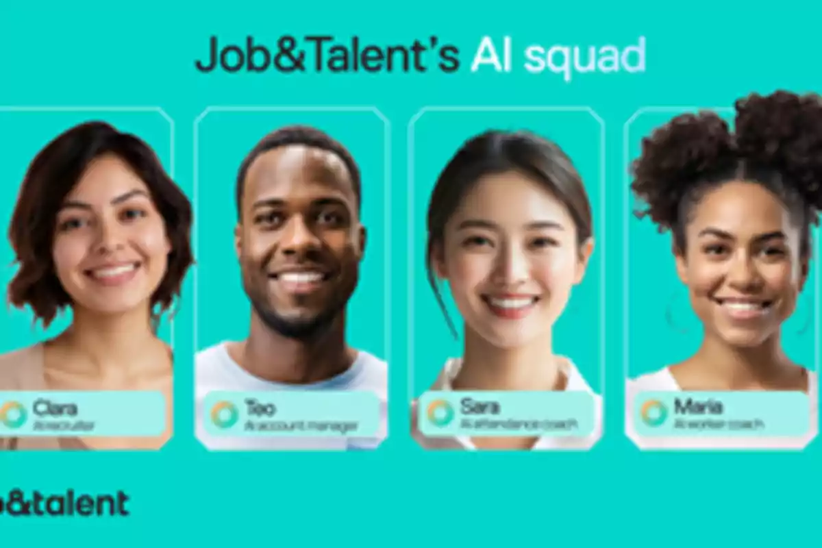 Cuatro personas sonrientes con fondo turquesa y texto que presenta al equipo de inteligencia artificial de Job&Talent