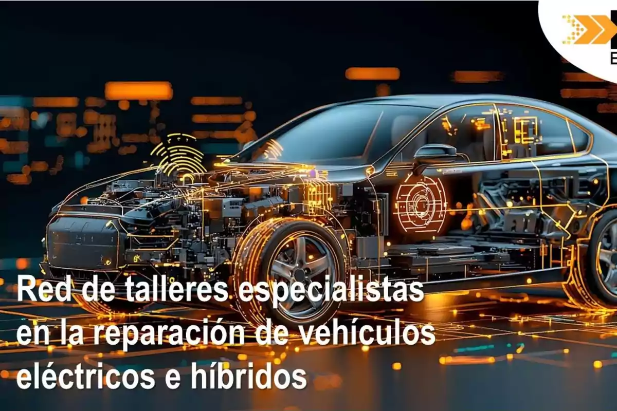 Auto moderno con partes internas visibles y gráficos digitales naranjas que representan tecnología avanzada, acompañado de un texto sobre talleres especializados en reparación de vehículos eléctricos e híbridos
