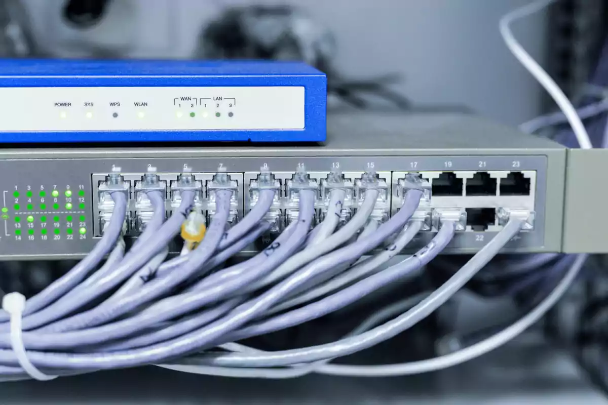 Varios cables de red conectados a un switch y un router azul en la parte superior