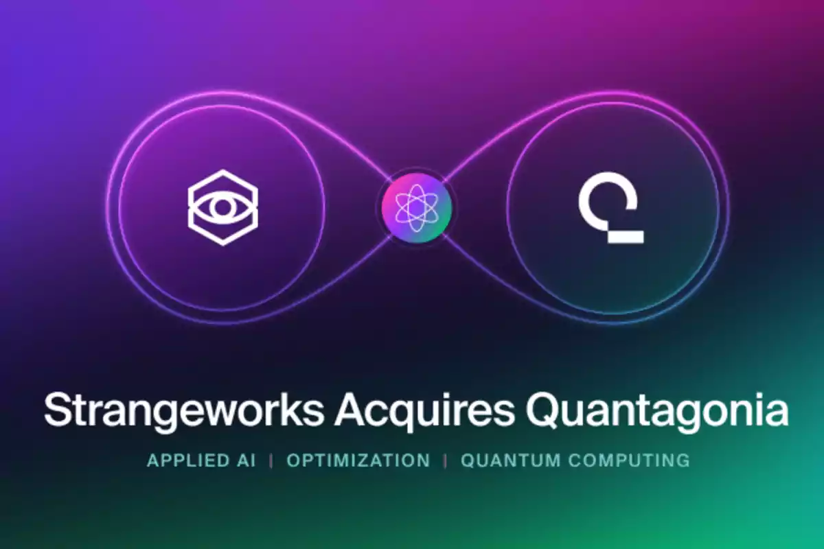Imagen con fondo degradado en tonos morados y verdes que muestra los logotipos de Strangeworks y Quantagonia conectados por un símbolo de átomo en el centro, acompañados del texto Strangeworks Acquires Quantagonia y las palabras Applied AI, Optimization y Quantum Computing.