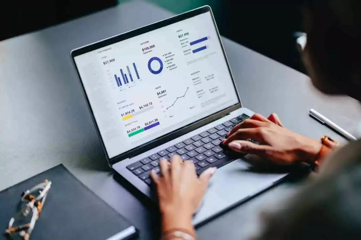 Persona trabajando en una computadora portátil que muestra gráficos y datos financieros en la pantalla