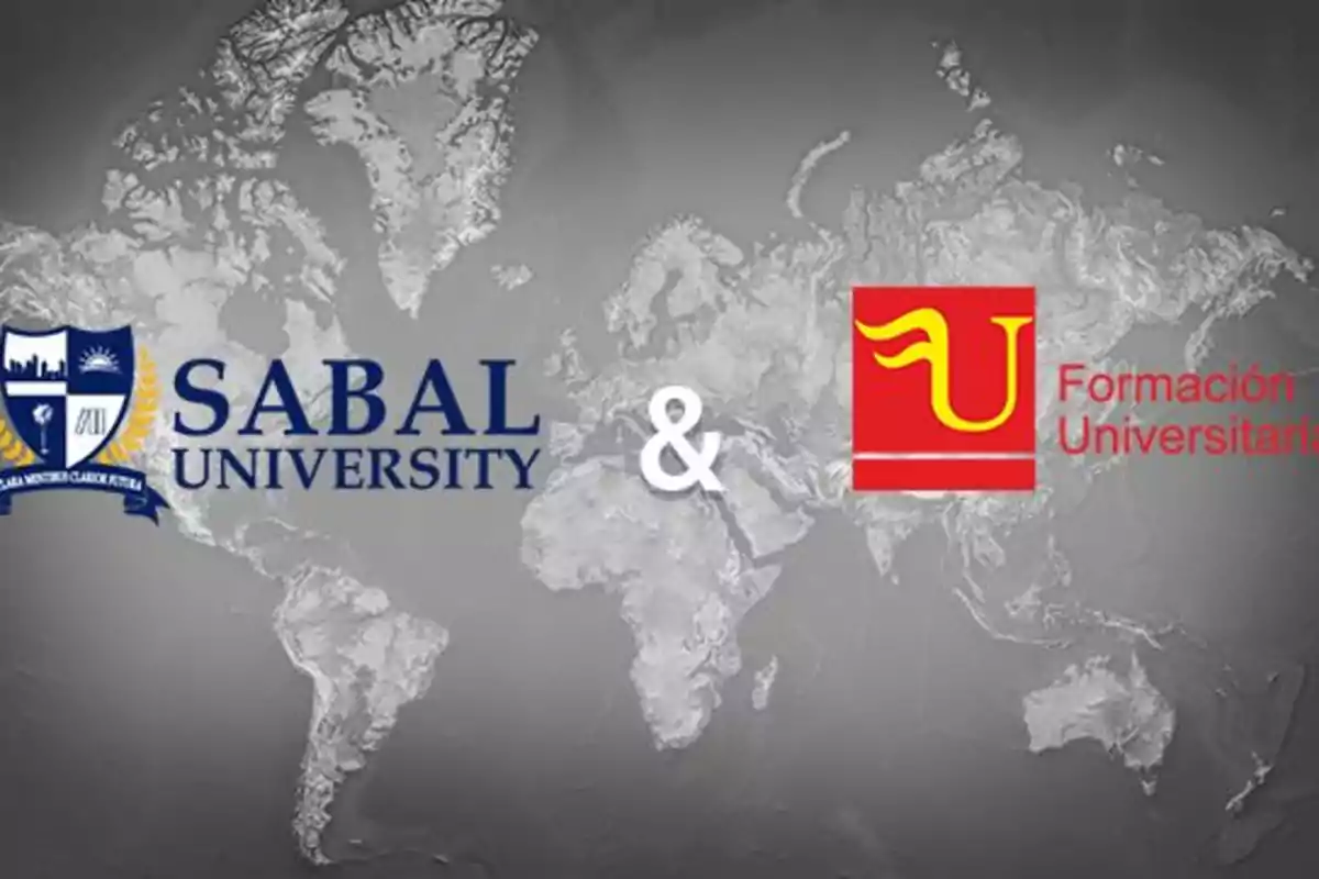 Logos de Sabal University y Formación Universitaria sobre un fondo de mapa mundial en tonos grises