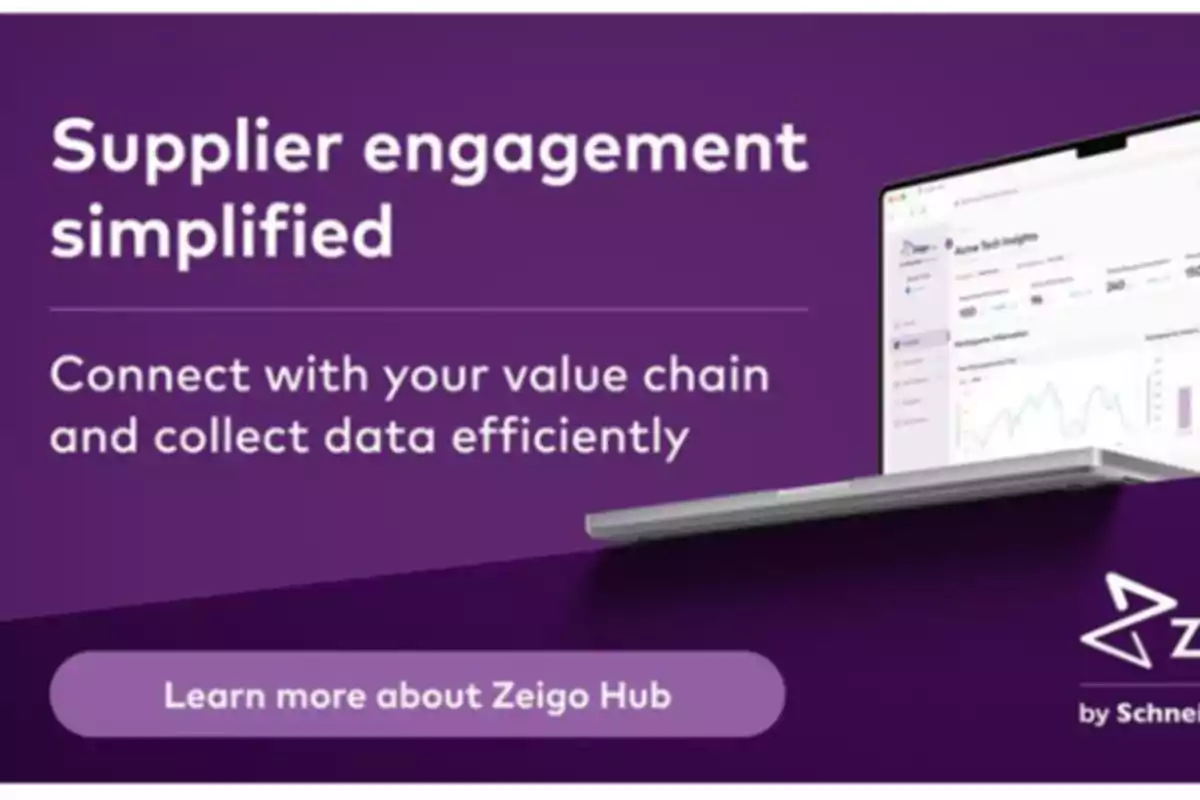 Imagen promocional de Zeigo Hub con fondo morado, texto sobre simplificación de la gestión de proveedores y un botón para obtener más información, junto a una laptop mostrando una plataforma digital.