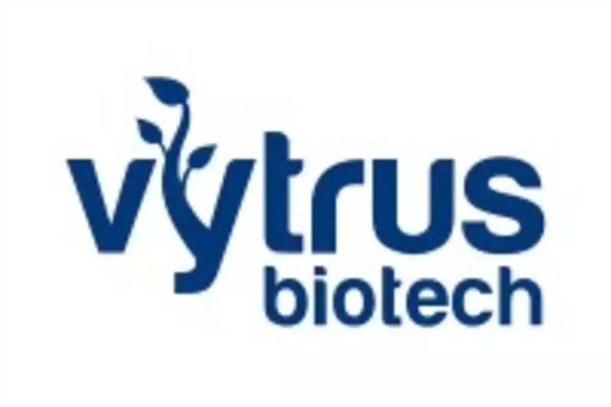 Logo de Vytrus Biotech con letras azules y un diseño de brote de planta en la letra y