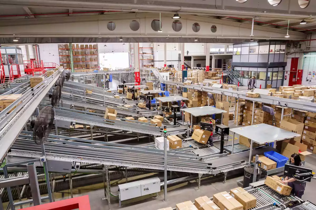 Centro logístico con cintas transportadoras y cajas de cartón siendo clasificadas por trabajadores en un almacén industrial moderno