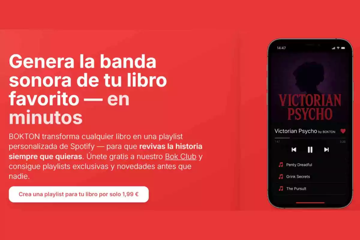 Publicidad de una plataforma que crea playlists personalizadas de Spotify basadas en libros, mostrando un ejemplo en un teléfono móvil con el título Victorian Psycho y una lista de canciones ficticias. Publicidad de una plataforma que crea playlists personalizadas de Spotify basadas en libros, mostrando un ejemplo en un teléfono móvil con el título Victorian Psycho y una lista de canciones ficticias.