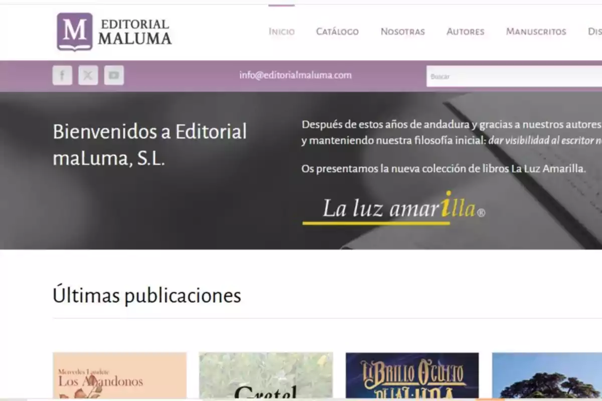 Captura de pantalla de la página principal de Editorial Maluma mostrando un mensaje de bienvenida, información sobre la colección La Luz Amarilla y una sección de últimas publicaciones.