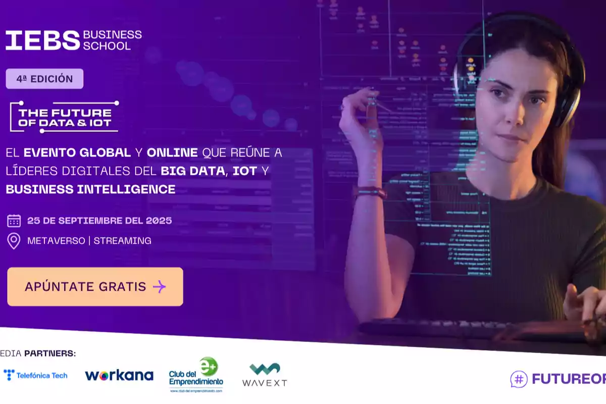 Mujer con auriculares frente a una pantalla digital con gráficos y datos promocionando un evento online sobre big data, IoT y business intelligence organizado por IEBS Business School el 25 de septiembre de 2025