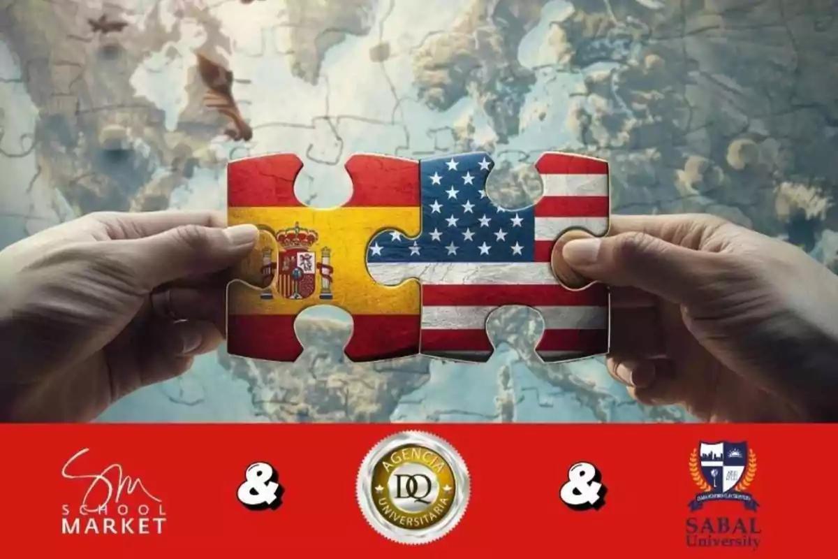 Dos manos sostienen piezas de rompecabezas que encajan, una con la bandera de España y la otra con la de Estados Unidos, sobre un fondo de mapa mundial y logotipos de instituciones educativas en la parte inferior