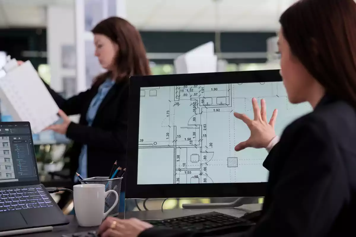 Mujer trabajando en un plano arquitectónico en una pantalla táctil mientras otra persona revisa documentos en el fondo