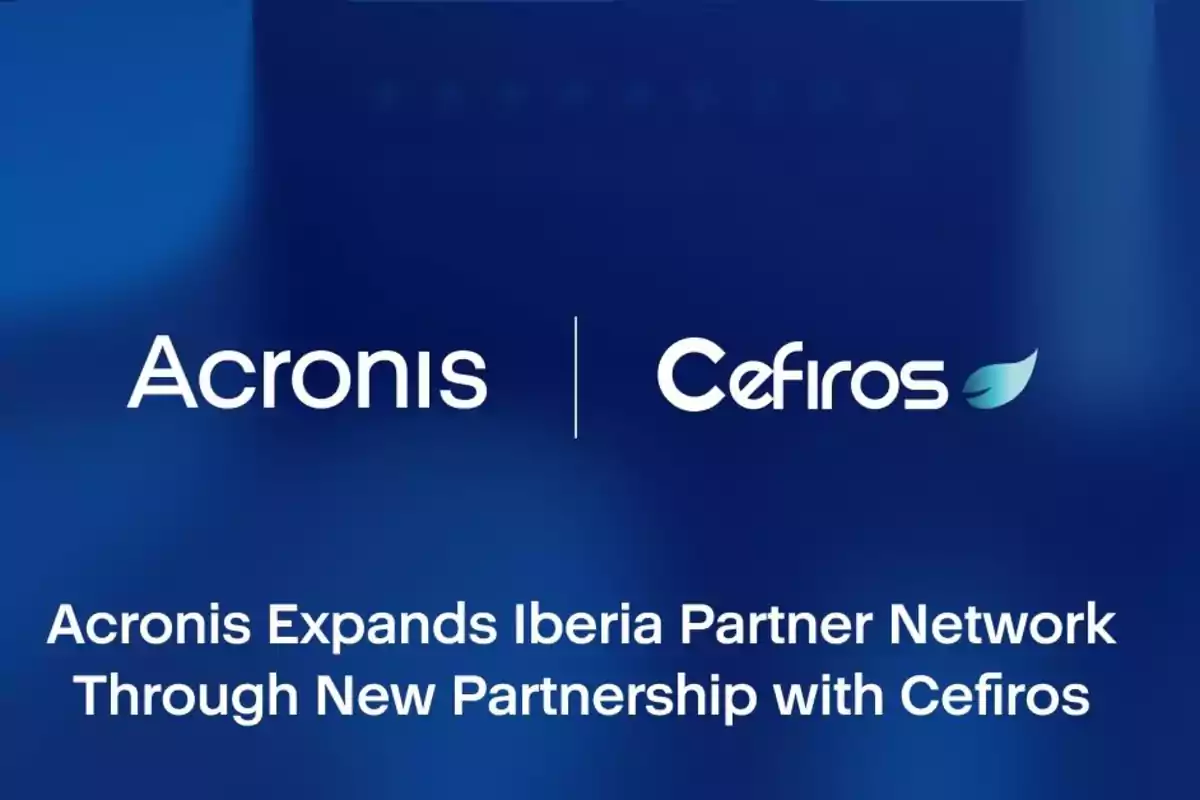 Logos de Acronis y Cefiros sobre fondo azul con el texto Acronis Expands Iberia Partner Network Through New Partnership with Cefiros