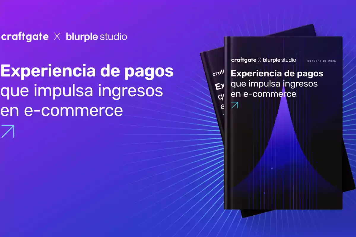 Portada de un informe titulado Experiencia de pagos que impulsa ingresos en e-commerce sobre un fondo degradado en tonos morados con gráficos y logotipos de craftgate y blurple studio
