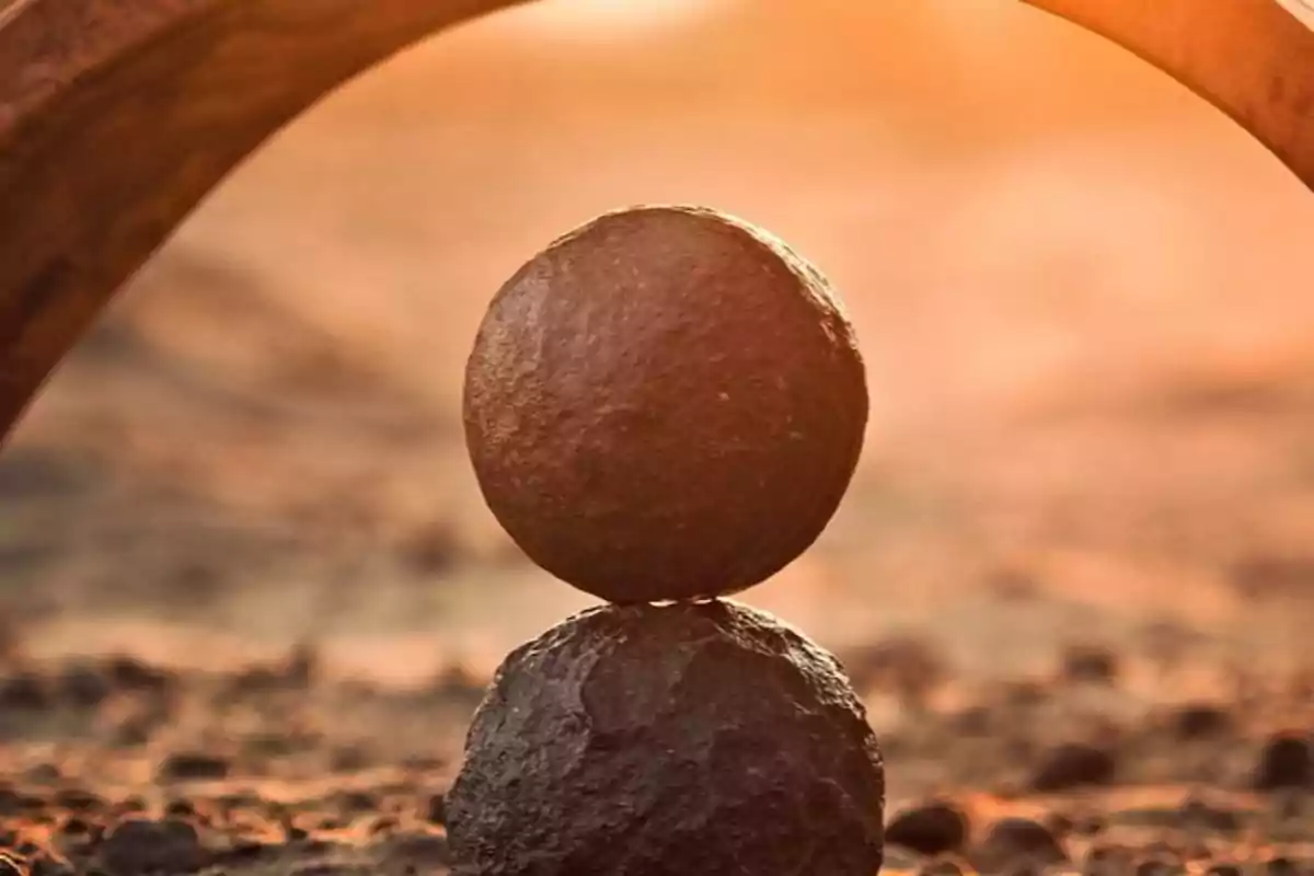 Dos piedras redondas apiladas en equilibrio sobre un suelo terroso con luz cálida de fondo