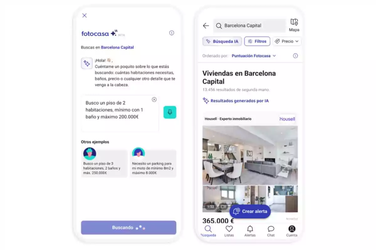 Dos pantallas de una aplicación móvil de búsqueda de viviendas en Barcelona donde se muestra un chat para ingresar requisitos y una lista de resultados con fotos y precios de pisos Dos pantallas de una aplicación móvil de búsqueda de viviendas en Barcelona donde se muestra un chat para ingresar requisitos y una lista de resultados con fotos y precios de pisos