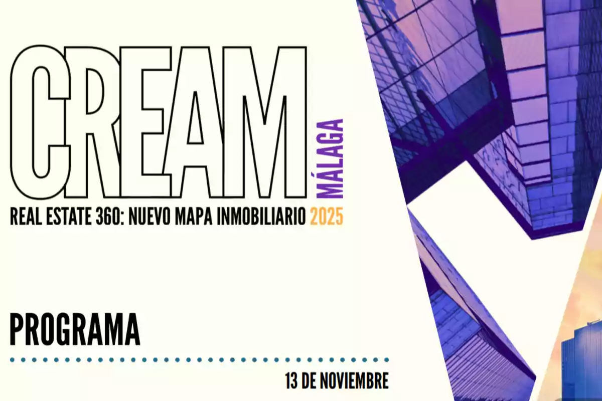 Cartel de un evento llamado CREAM Málaga sobre el nuevo mapa inmobiliario 2025 en el sector Real Estate, con imágenes de edificios modernos y la fecha 13 de noviembre.
