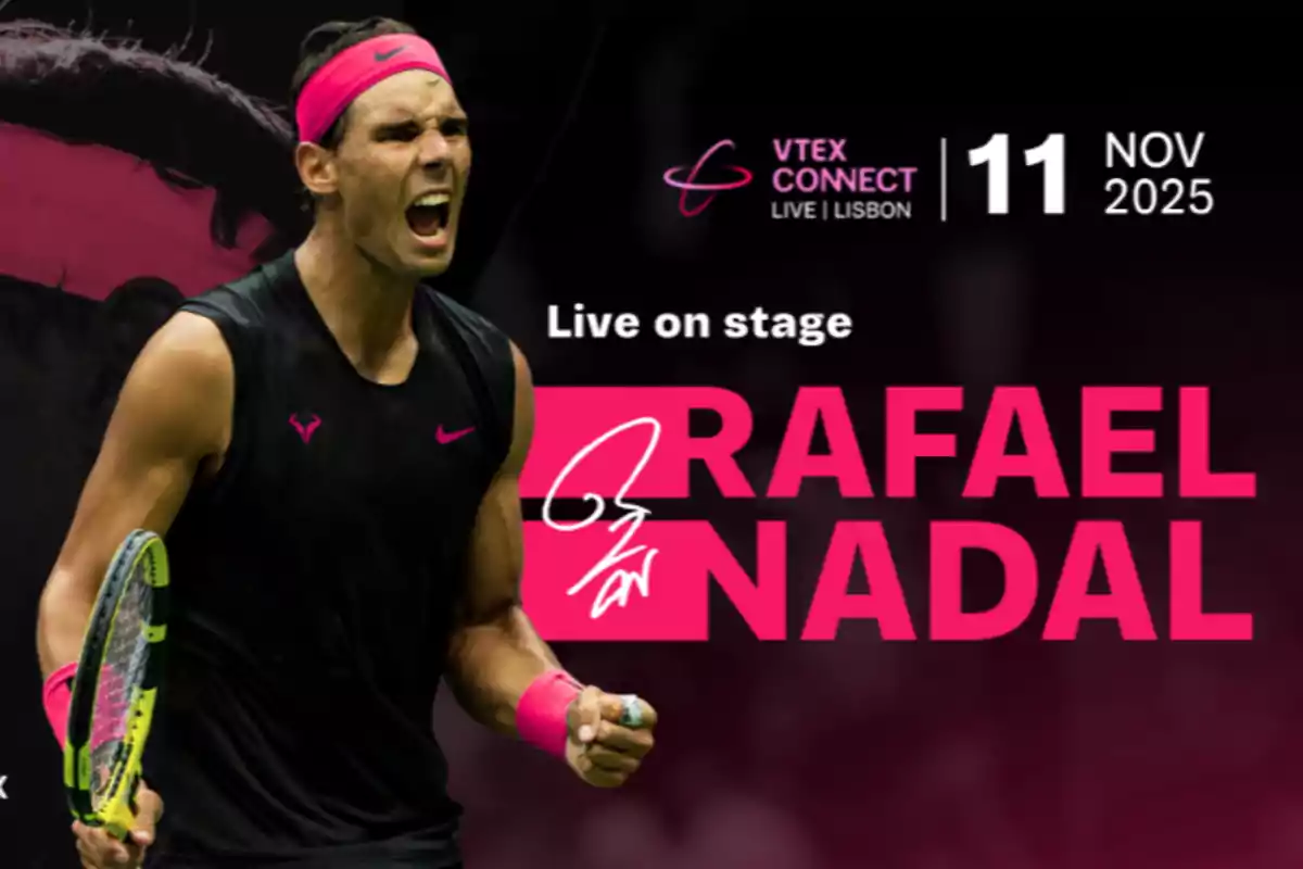 Tenista celebrando con el puño cerrado junto a un anuncio de un evento en Lisboa el 11 de noviembre de 2025 con el nombre Rafael Nadal en letras grandes.
