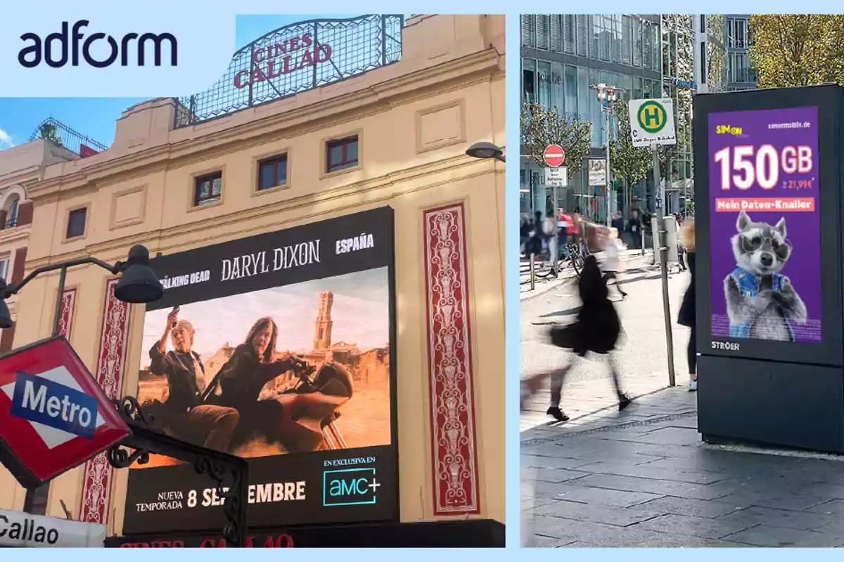 Publicidad digital en una pantalla grande en la fachada de un cine y en una marquesina en la calle con personas caminando Publicidad digital en una pantalla grande en la fachada de un cine y en una marquesina en la calle con personas caminando