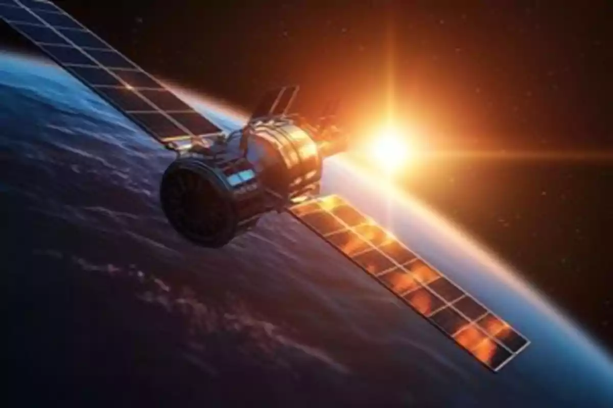 Satélite orbitando la Tierra con el sol brillando en el horizonte del espacio