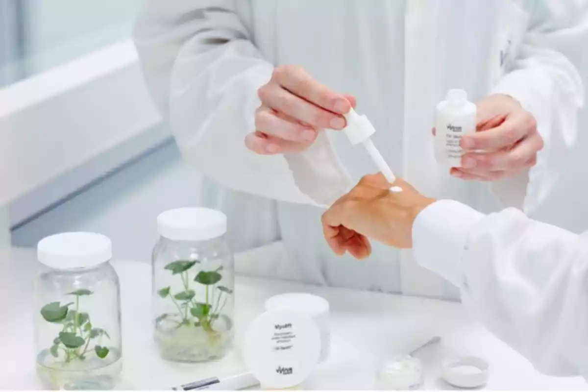Persona aplicando una crema con gotero en la mano de otra persona en un laboratorio con frascos de plantas y productos cosméticos sobre la mesa Persona aplicando una crema con gotero en la mano de otra persona en un laboratorio con frascos de plantas y productos cosméticos sobre la mesa