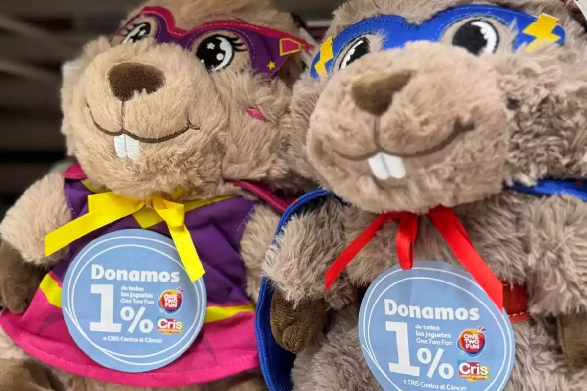 Dos peluches de castor con disfraces de superhéroes y etiquetas que indican una donación del 1% a una causa contra el cáncer