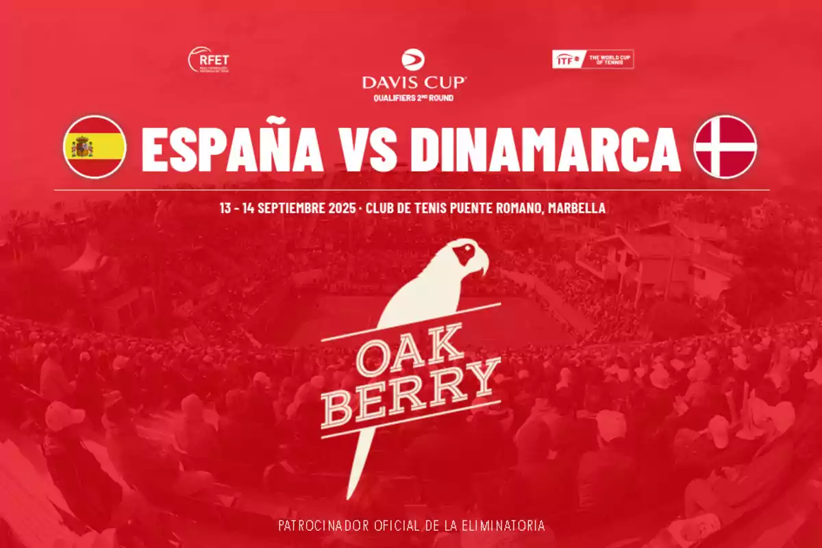 Cartel promocional de la Copa Davis con el enfrentamiento entre España y Dinamarca que se jugará el 13 y 14 de septiembre de 2025 en el Club de Tenis Puente Romano en Marbella con los logotipos de los equipos, patrocinadores y una imagen de un estadio de tenis lleno de público Cartel promocional de la Copa Davis con el enfrentamiento entre España y Dinamarca que se jugará el 13 y 14 de septiembre de 2025 en el Club de Tenis Puente Romano en Marbella con los logotipos de los equipos, patrocinadores y una imagen de un estadio de tenis lleno de público