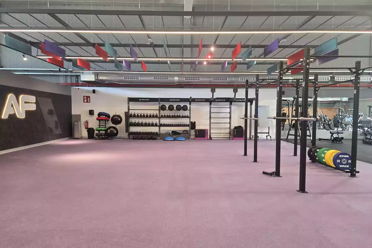 Gimnasio moderno con piso morado, equipo de entrenamiento funcional, pesas y estructuras para ejercicios, con decoración colorida en el techo y el logo AF iluminado en la pared Gimnasio moderno con piso morado, equipo de entrenamiento funcional, pesas y estructuras para ejercicios, con decoración colorida en el techo y el logo AF iluminado en la pared