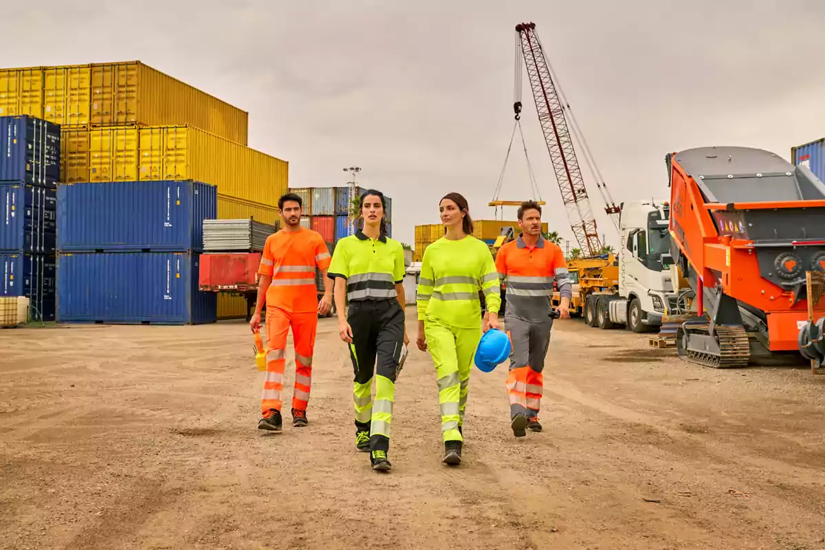 Cuatro trabajadores con ropa de alta visibilidad caminan en un área industrial con contenedores, maquinaria y una grúa al fondo Cuatro trabajadores con ropa de alta visibilidad caminan en un área industrial con contenedores, maquinaria y una grúa al fondo