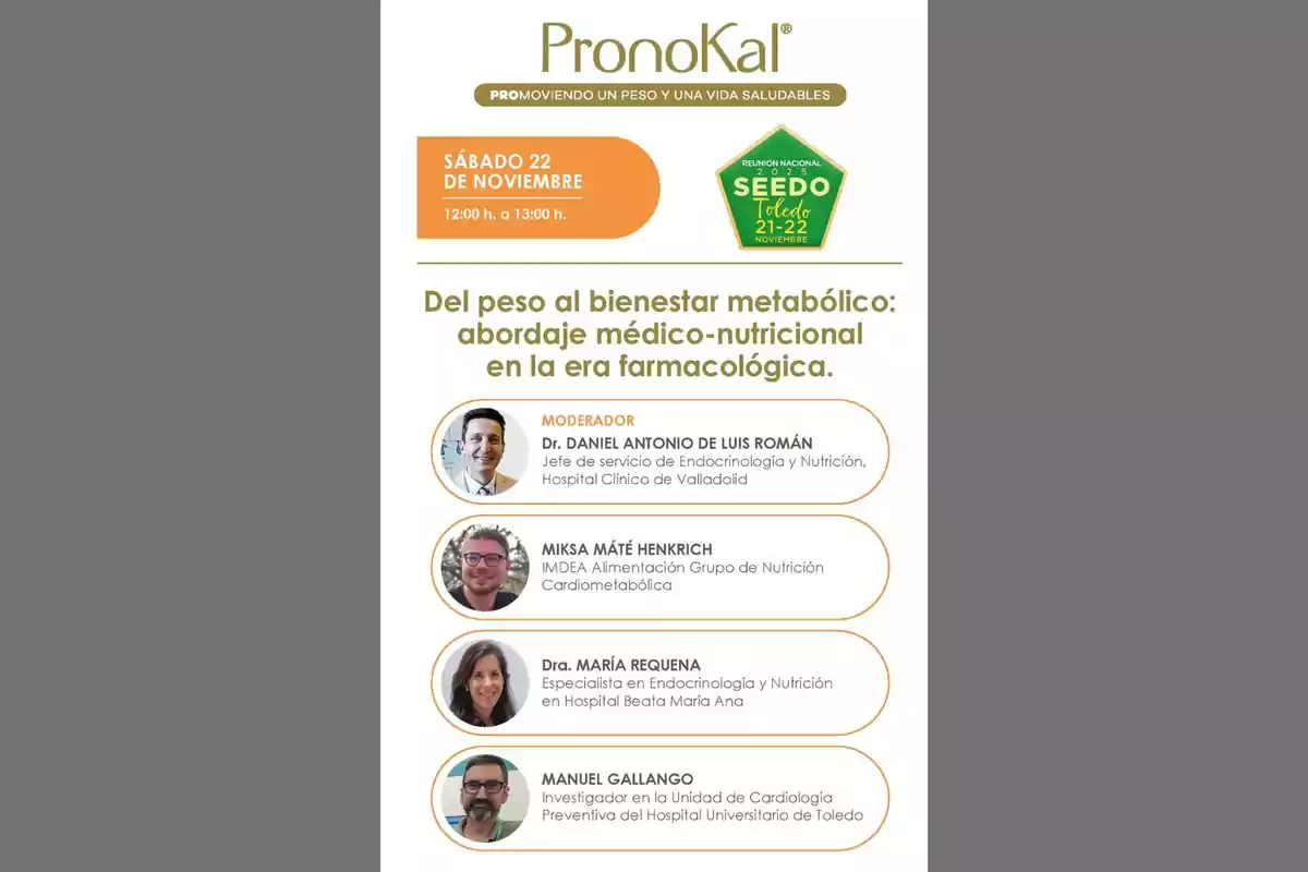 Cartel informativo de un evento de PronoKal sobre el abordaje médico-nutricional en la era farmacológica, con fecha sábado 22 de noviembre, donde aparecen los nombres y fotos de los ponentes y el moderador, junto con sus especialidades y lugares de trabajo.