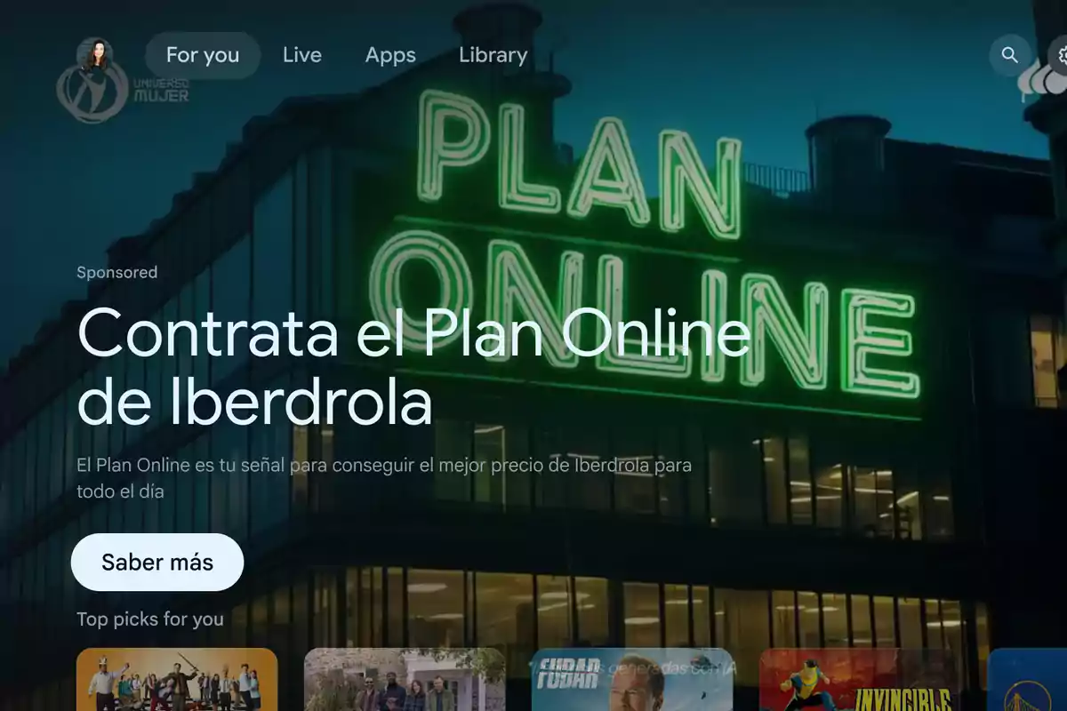 Publicidad de Iberdrola mostrando un edificio con un letrero verde de neón que dice Plan Online y un mensaje invitando a contratar el Plan Online de Iberdrola