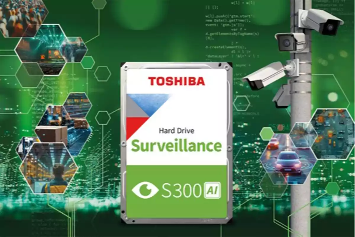 Disco duro Toshiba S300 AI para videovigilancia con cámaras de seguridad y escenas de monitoreo en un fondo verde tecnológico Disco duro Toshiba S300 AI para videovigilancia con cámaras de seguridad y escenas de monitoreo en un fondo verde tecnológico