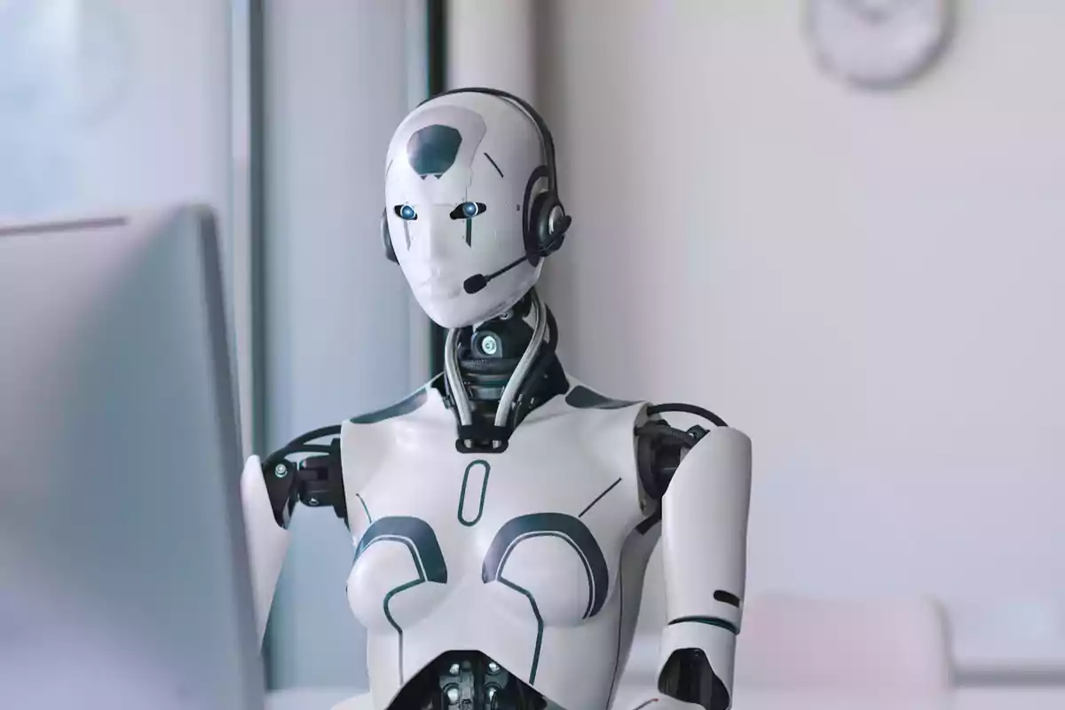 Robot humanoide con auriculares y micrófono trabajando frente a una computadora en una oficina moderna