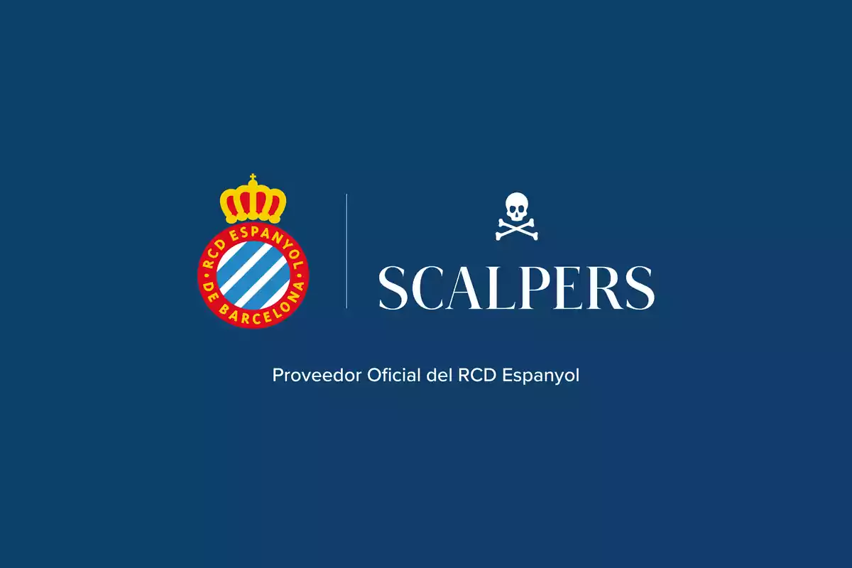 Logos de RCD Espanyol y Scalpers juntos sobre fondo azul con el texto Proveedor Oficial del RCD Espanyol