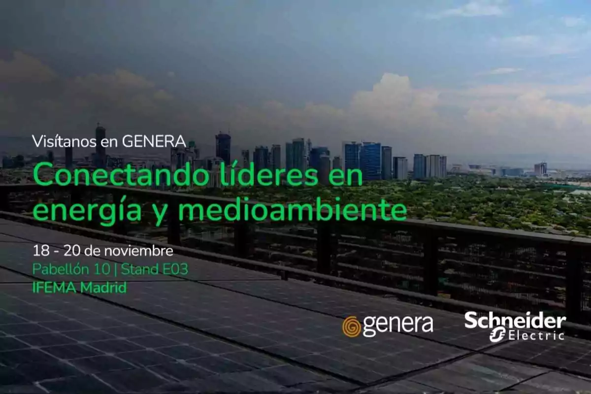 Imagen promocional de un evento de Schneider Electric en IFEMA Madrid sobre energía y medioambiente con el lema Conectando líderes en energía y medioambiente y una vista de la ciudad al fondo