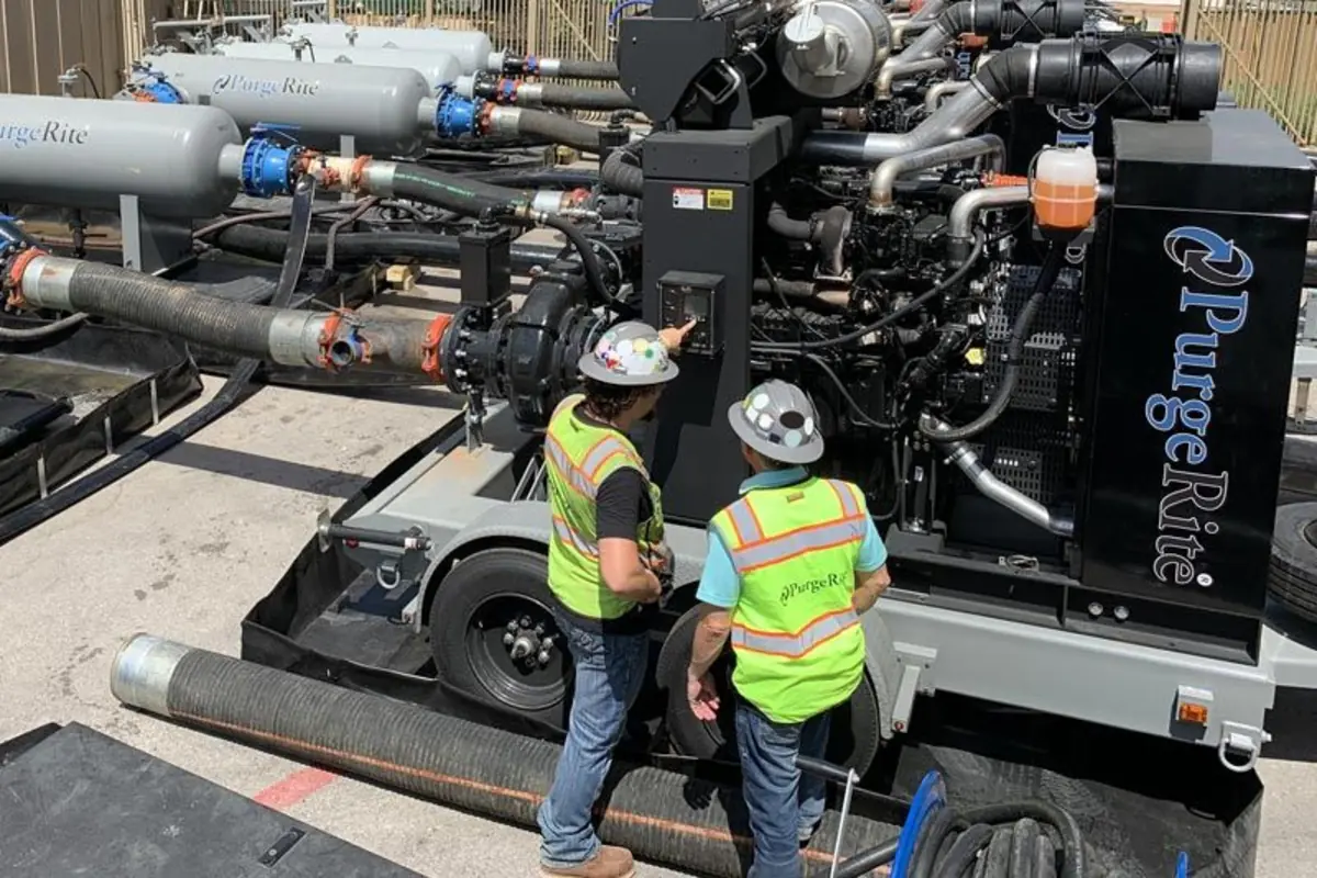 Dos trabajadores con chalecos y cascos de seguridad operan maquinaria industrial de la marca PurgeRite conectada a varias tuberías en un entorno exterior Dos trabajadores con chalecos y cascos de seguridad operan maquinaria industrial de la marca PurgeRite conectada a varias tuberías en un entorno exterior