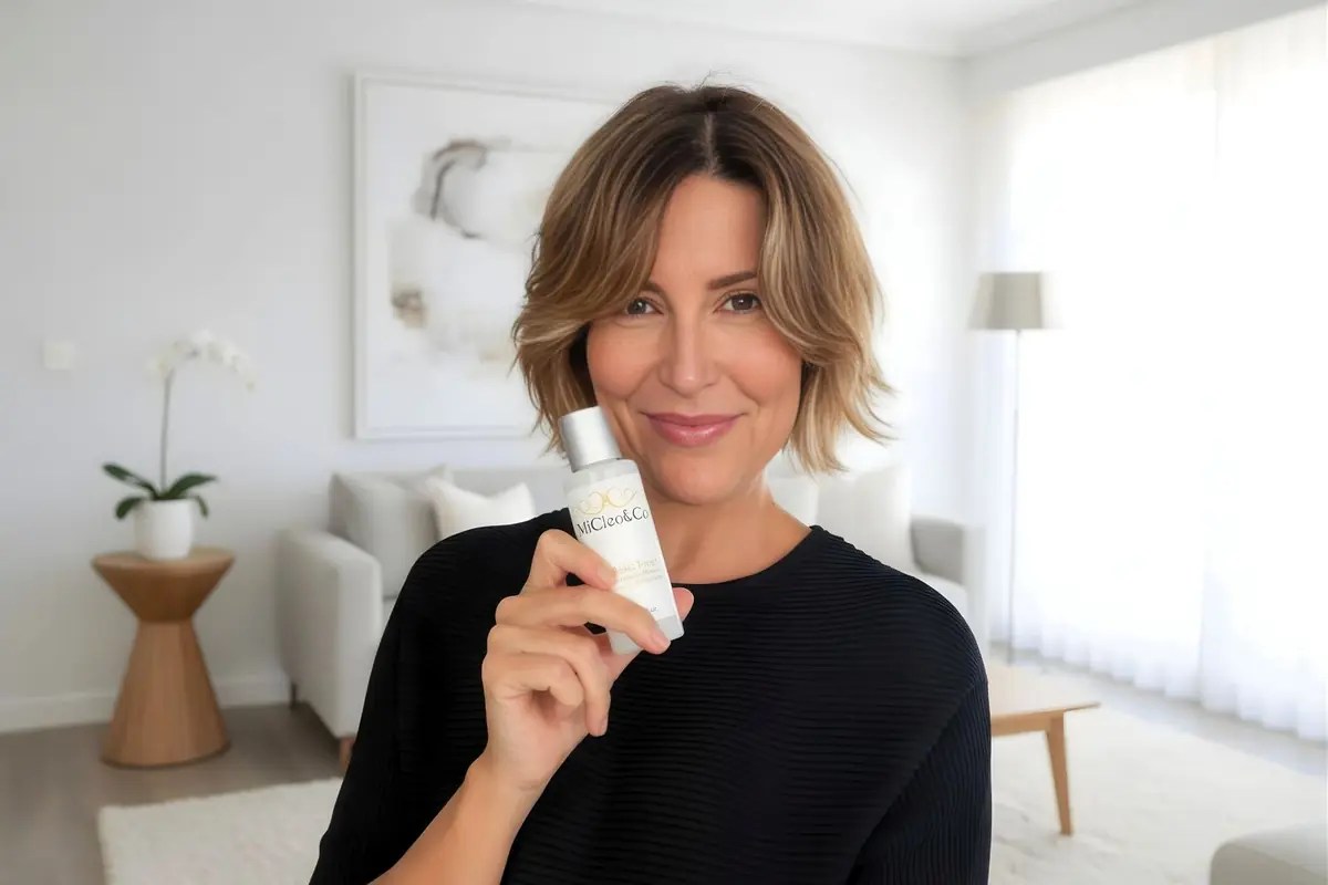 Mujer sonriente en un salón luminoso sosteniendo un frasco de producto cosmético frente a la cámara Mujer sonriente en un salón luminoso sosteniendo un frasco de producto cosmético frente a la cámara