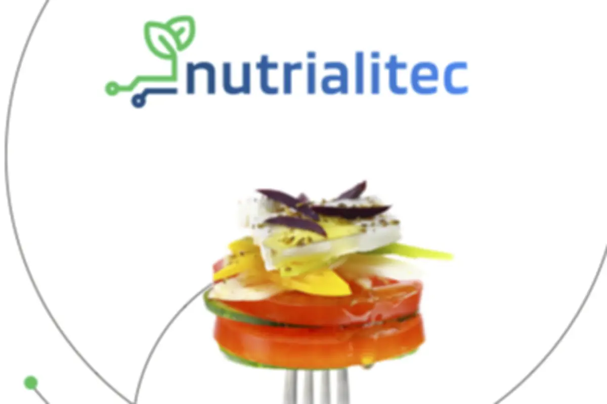 Logo de nutrialitec en la parte superior con una ensalada de vegetales y queso sobre un tenedor en el centro de la imagen Logo de nutrialitec en la parte superior con una ensalada de vegetales y queso sobre un tenedor en el centro de la imagen