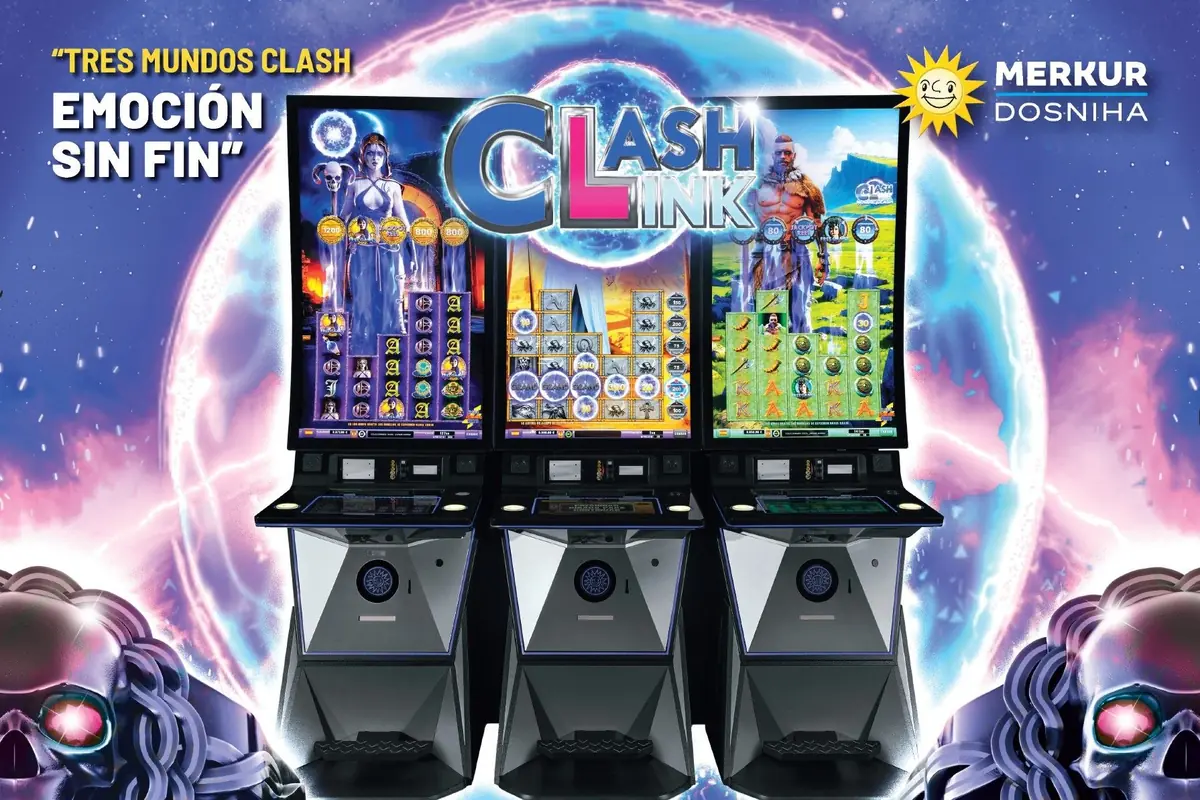 Publicidad de tres máquinas tragaperras Clash Link de Merkur Dosniha con temática fantástica y el eslogan Tres mundos Clash emoción sin fin sobre un fondo espacial colorido Publicidad de tres máquinas tragaperras Clash Link de Merkur Dosniha con temática fantástica y el eslogan Tres mundos Clash emoción sin fin sobre un fondo espacial colorido