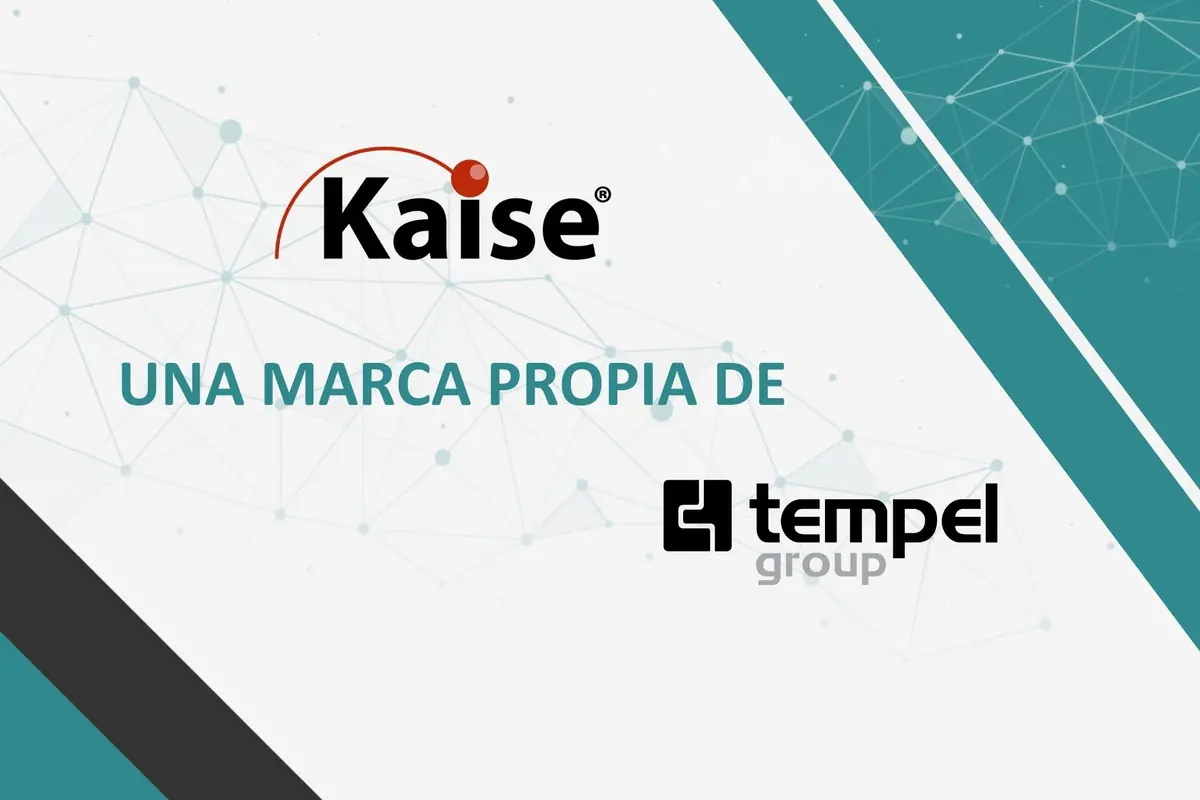 Diseño corporativo que muestra el logotipo de Kaise acompañado del texto “Una marca propia de” y el logotipo de Tempel Group sobre un fondo geométrico en tonos turquesa y blanco