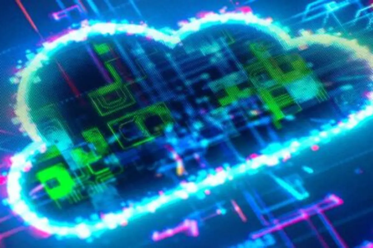 Ilustración de una nube digital brillante con circuitos y datos tecnológicos en colores neón sobre fondo azul