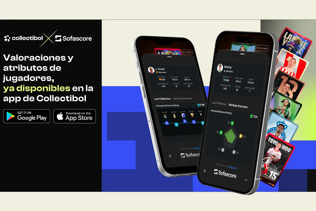Publicidad de Collectibol y Sofascore que muestra dos teléfonos móviles con estadísticas y valoraciones de jugadores de fútbol junto a cartas coleccionables y botones para descargar la app en Google Play y App Store