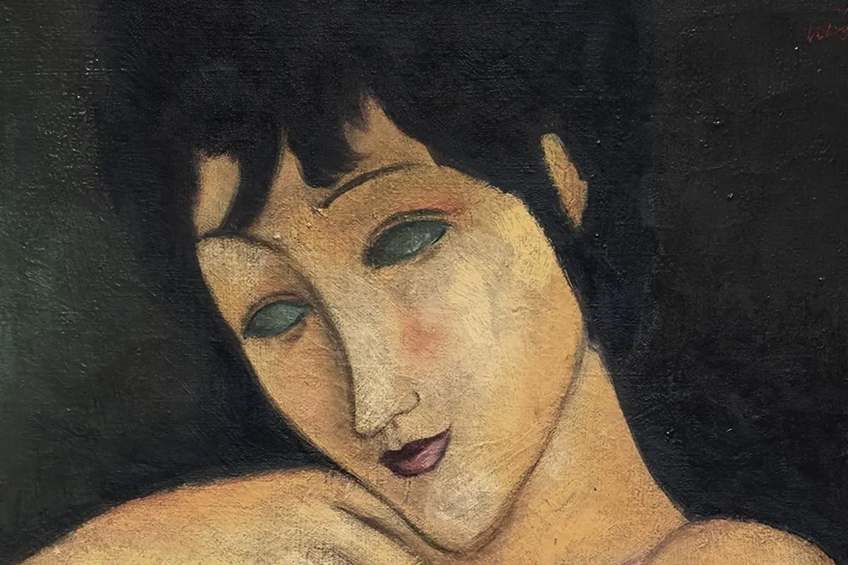 Retrato pictórico de una mujer de piel clara y cabello oscuro con ojos sin pupilas y expresión melancólica sobre fondo negro Retrato pictórico de una mujer de piel clara y cabello oscuro con ojos sin pupilas y expresión melancólica sobre fondo negro